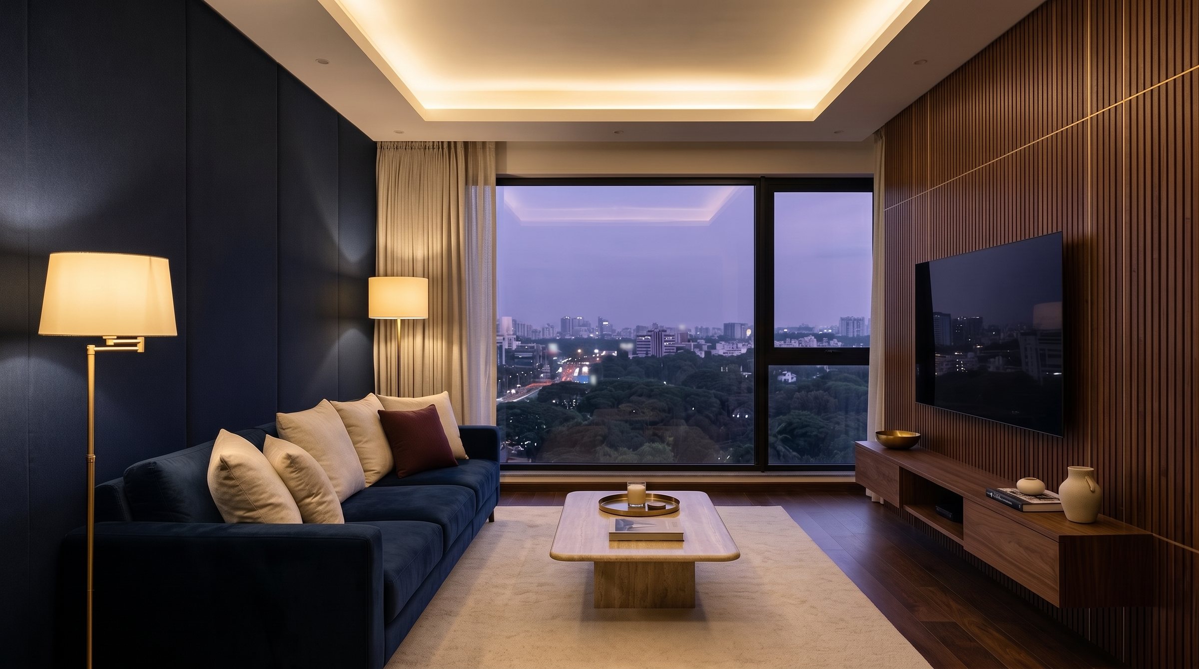 Design idea: a Bengaluru apartment living room at dusk, with a fluted walnut wall, a navy sofa and a view of the city