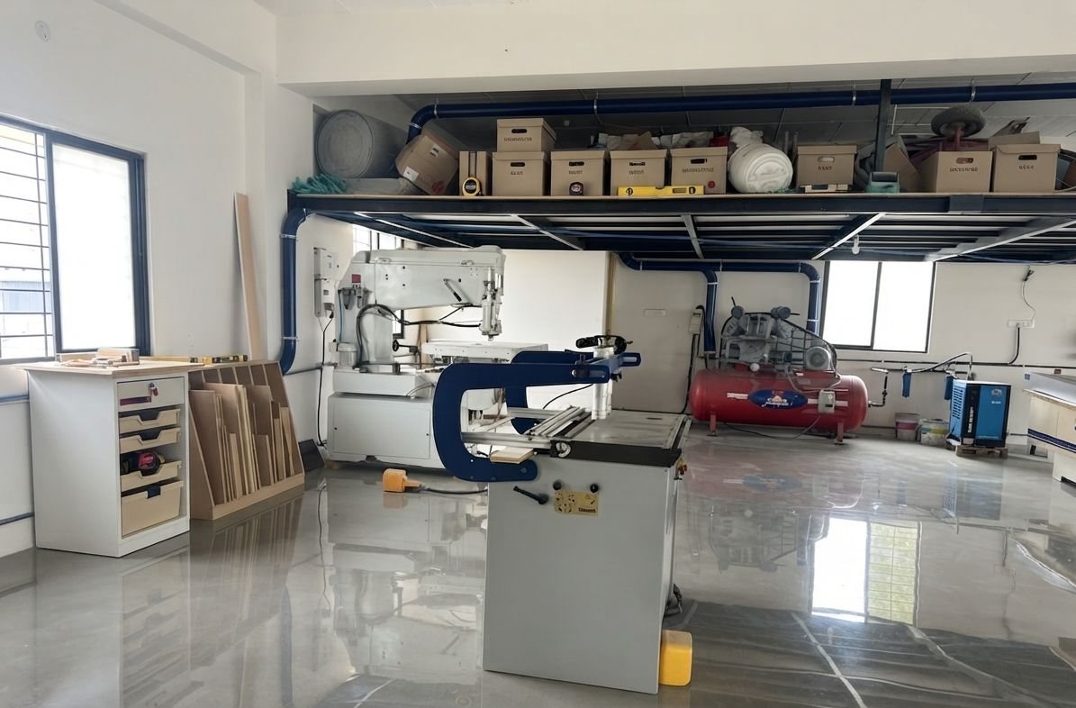 Machines and stored materials in our workshop