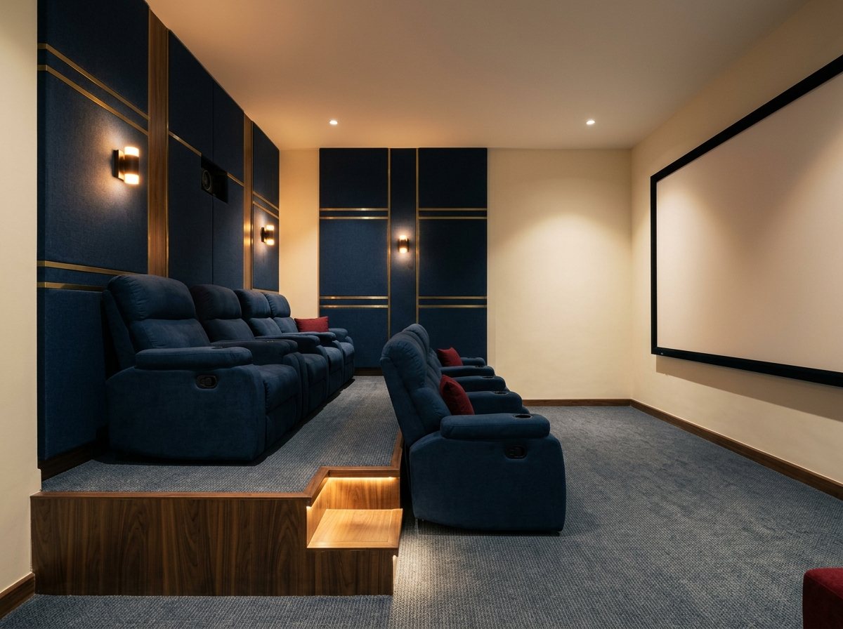 A dedicated home theatre with two rows of navy seats on a raised step, fabric wall panels and a large screen