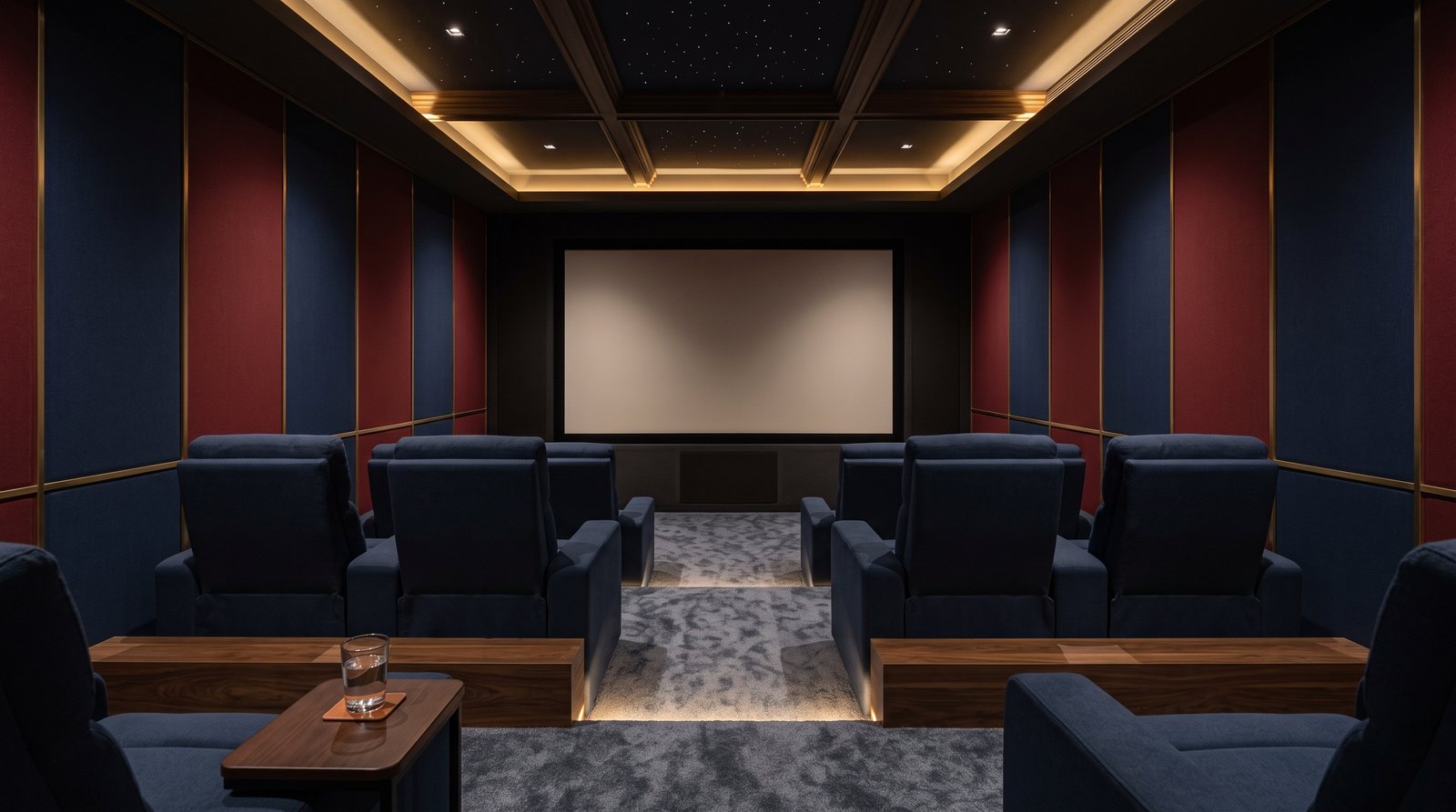 A dedicated home theatre with navy seats on a raised walnut step, fabric wall panels with brass trims and a star ceiling