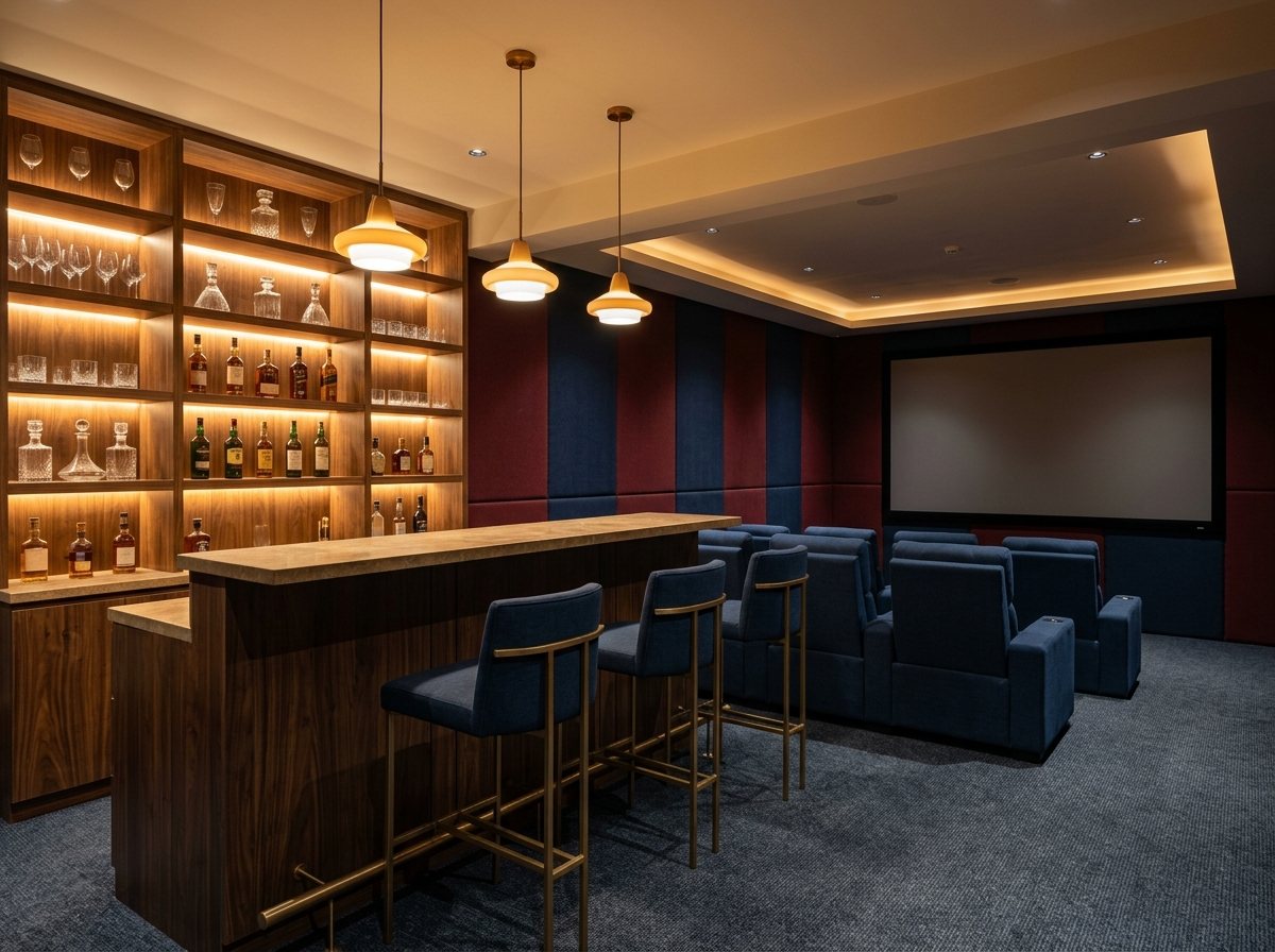 A home theatre lounge with a walnut bar counter and stools behind the seating, facing a large screen