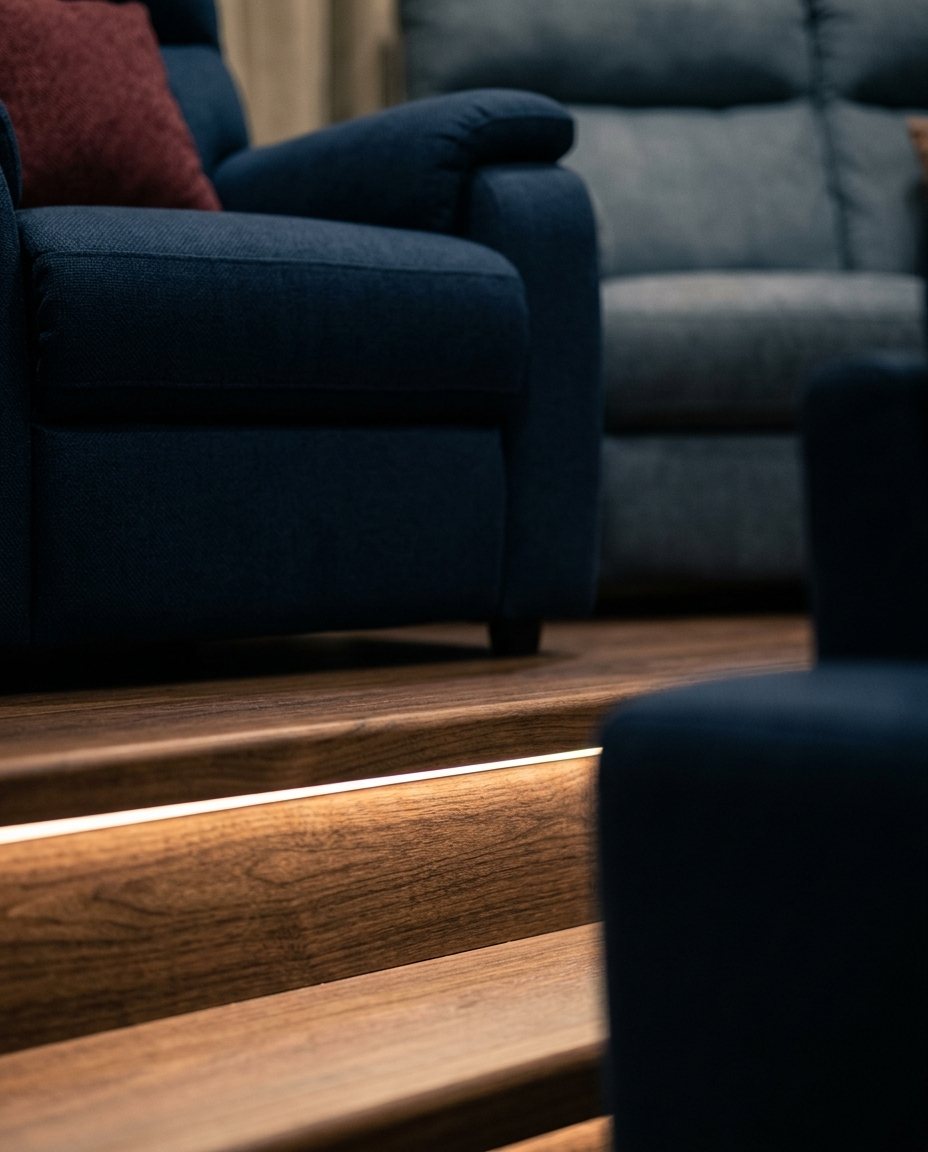 Close view of a walnut-clad theatre step with a warm light strip under its edge
